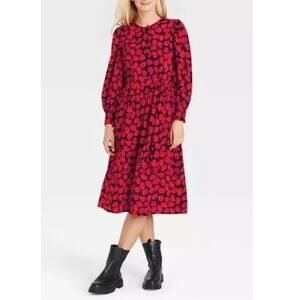 Who What Wear Size XS Red Midi Dress Black Leaf Print Belted Classic Whimsygoth